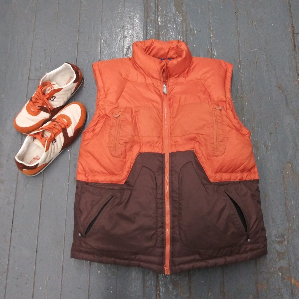 Men's Brown & Orange Retro Down Puffer Vest SZ L